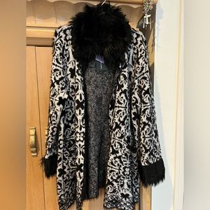 New with tags Gorgeous black white and gray sweater jacket with faux fur